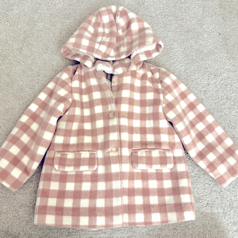 NEXT UK Pink and Cream Gingham Hooded Peacoat with soft faux fur lining Size 3/4